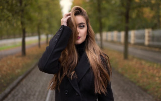 Woman park longhair bokeh coat - flowing hair free wallpaper
