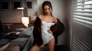 Woman white bodysuit window bedroom 2 - a lamp free wallpaper