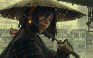 Woman hat sword rain city - a woman in a hat holding free wallpaper
