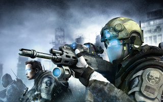 Futuristic suits group cityscape smoke - game art free wallpaper