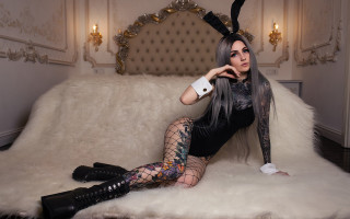 Bunny ears woman couch fur - fullbody free wallpaper