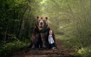 Young girl bear forest illustration - tree and bushes behind her free wallpaper