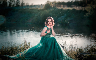 Green dress woman river forest - a lake in the foreground free wallpaper