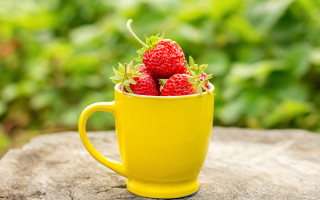 Yellow cup strawberries wooden table - strawberry free wallpaper