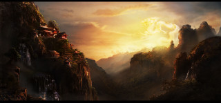 Mountain village waterfall painting scenery - a painting of a mountain free wallpaper
