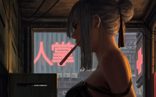 Woman cigarette room window sign - atey ghailan free wallpaper
