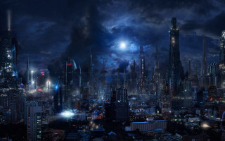 Night city moon aurora skyline - full free wallpaper