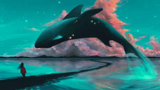 Woman whale ocean sky clouds - a painting of a woman free wallpaper