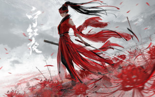 Woman red dress sword flower - art station free wallpaper