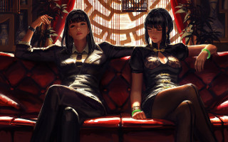 Red couch two women fantasy - a red couch free wallpaper