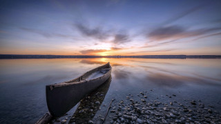 Boat lake rocks sunset matte - top of a lake next free wallpaper