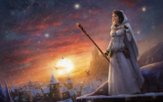 Woman white dress sunset city - christophe vacher free wallpaper