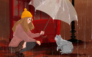 Woman kneeling cat umbrella rain - art station free wallpaper