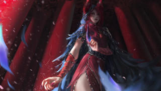 Woman red dress sword blue - league of legends concept art free wallpaper