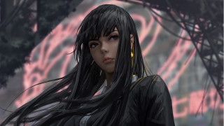 Woman black hair ears tree - a digital painting free wallpaper