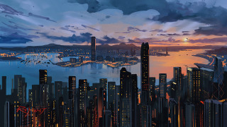 City skyline sunset water bridge 3 - alena aenami free wallpaper