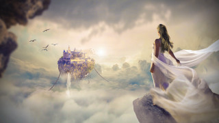 Woman white dress cliff castle - matte fantasy painting free wallpaper