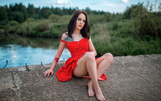 Woman red dress river forest - a river and trees free wallpaper