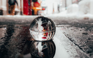 Shiny glass ball rainy city - abstract illusionism free wallpaper