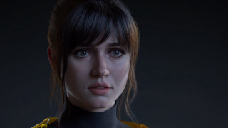 Woman bangs black top blue - ultra realistic face free wallpaper