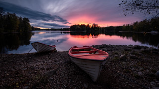 Lake sunset boats cloudy sky - bruno liljefors free wallpaper