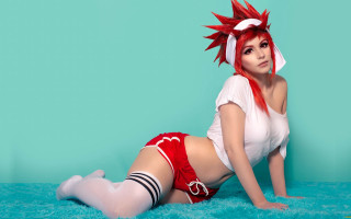 Red haired woman knees stockings - white shirt free wallpaper
