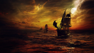 Ship sailing sunset fullmoon fantasy - matte fantasy painting free wallpaper