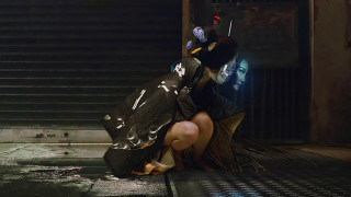 Woman dress mask umbrella crouching - the ground in front free wallpaper