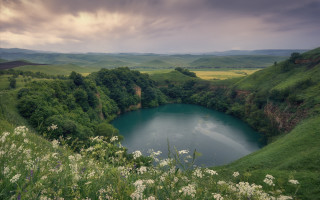 Lake green hills flower cloudy - cloudy free wallpaper