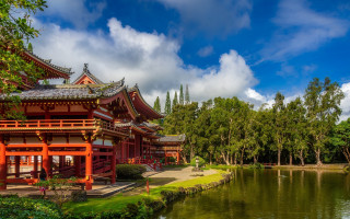 Pond building clouds trees architecture - eishōsai chōki free wallpaper
