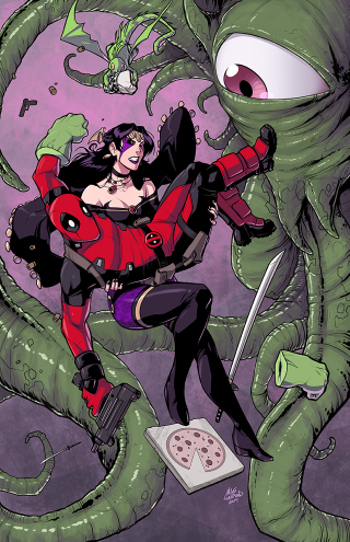Woman red black costume monster - a knife and a knife free wallpaper