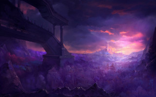 Fantasy cityscape bridge purple sky - a purple sky free wallpaper