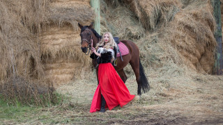 Woman red dress horse hay - boleslaw cybi free wallpaper