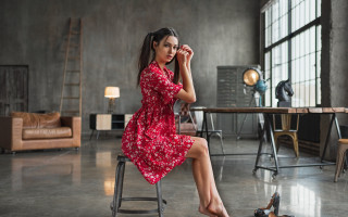 Woman red dress sitting indoor - elina karimova free wallpaper