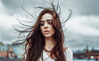 Woman long hair cloudy sky 2 - flowing hair free wallpaper