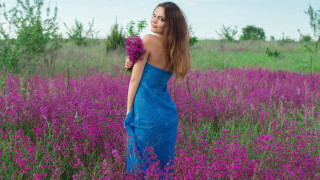 Woman blue dress purple flower - a bouquet of flowers free wallpaper
