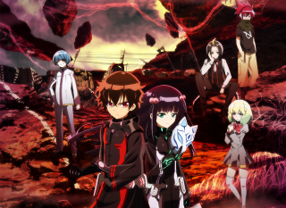 Anime characters field sky red - a red light in the background free wallpaper