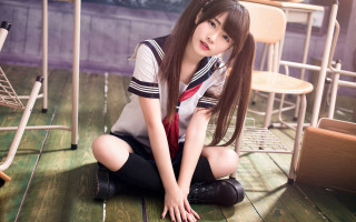 Girl sitting cosplay serafuku longhair - a chair in the background free wallpaper