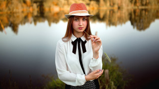 Lake portrait woman hat smoke - her mouth free wallpaper