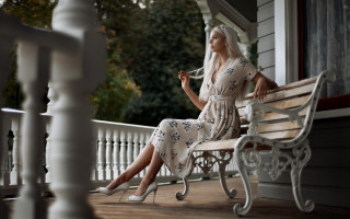 White haired woman bench porch - art nouveau free wallpaper