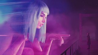 Bluehair woman purplebackground man blackcoat - blade runner free wallpaper