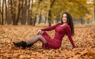Woman in red dress sitting - a few leaf free wallpaper