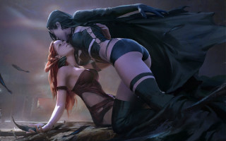 Woman kissing man cape birds - a woman in a costume free wallpaper for desktop