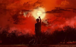 Man red sky dog cat - art station free wallpaper