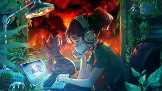 Woman laptop cat cyberpunk nature - art station free wallpaper