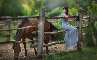 Woman blue dress fence horse - anka zhuravleva free wallpaper