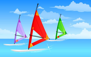Three colorful sailboats ocean sunny - above them free wallpaper