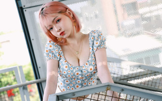 Pink hair flower shirt posing - a metal free wallpaper