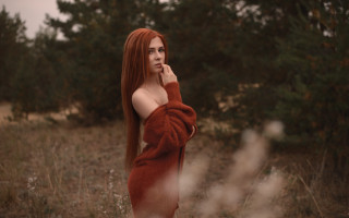 Red haired woman field trees - long red hair free wallpaper