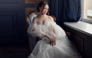 Woman white dress sitting window - a chair in front free wallpaper
